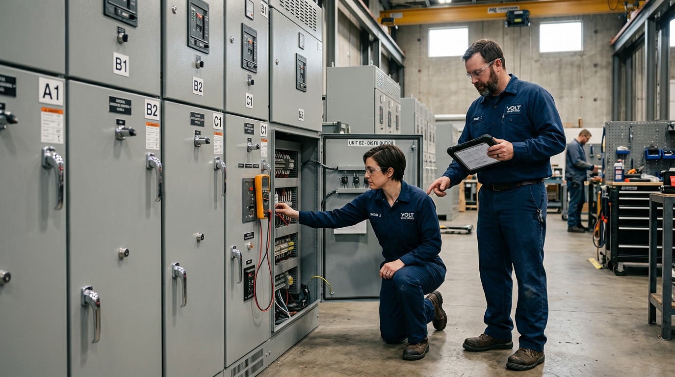 Ingenieros técnicos inspeccionando tableros eléctricos industriales Accemec Kira